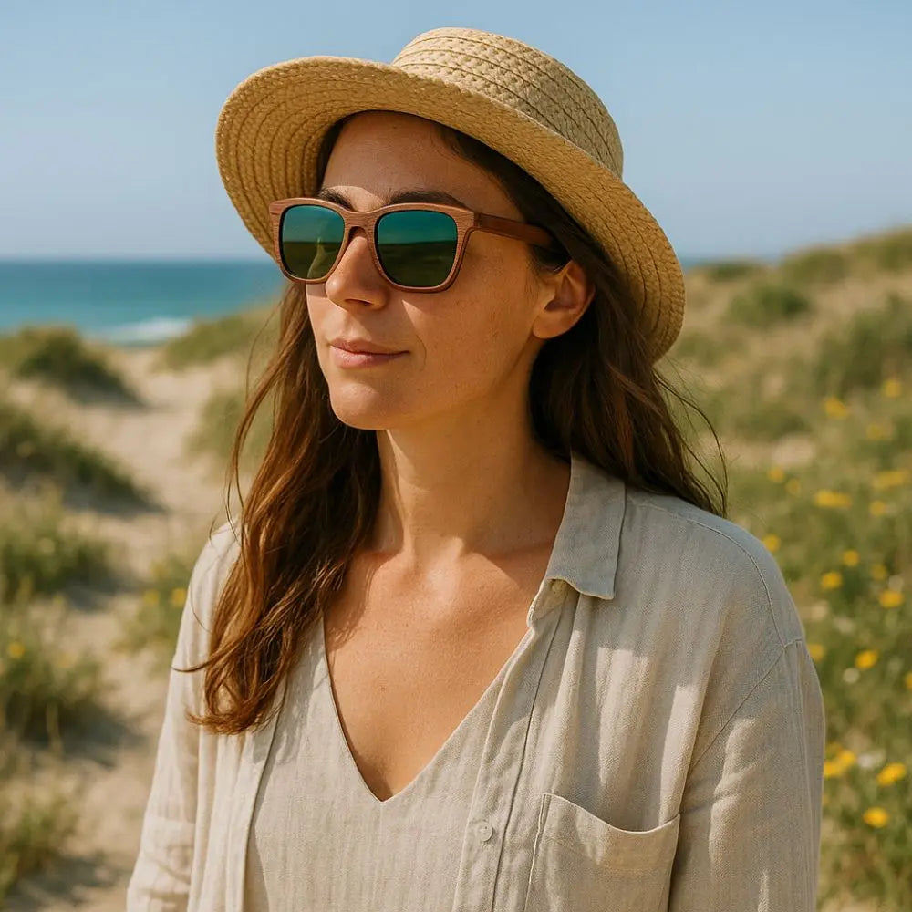 Une femme portant des lunettes de soleil en bois sur le bord de mer