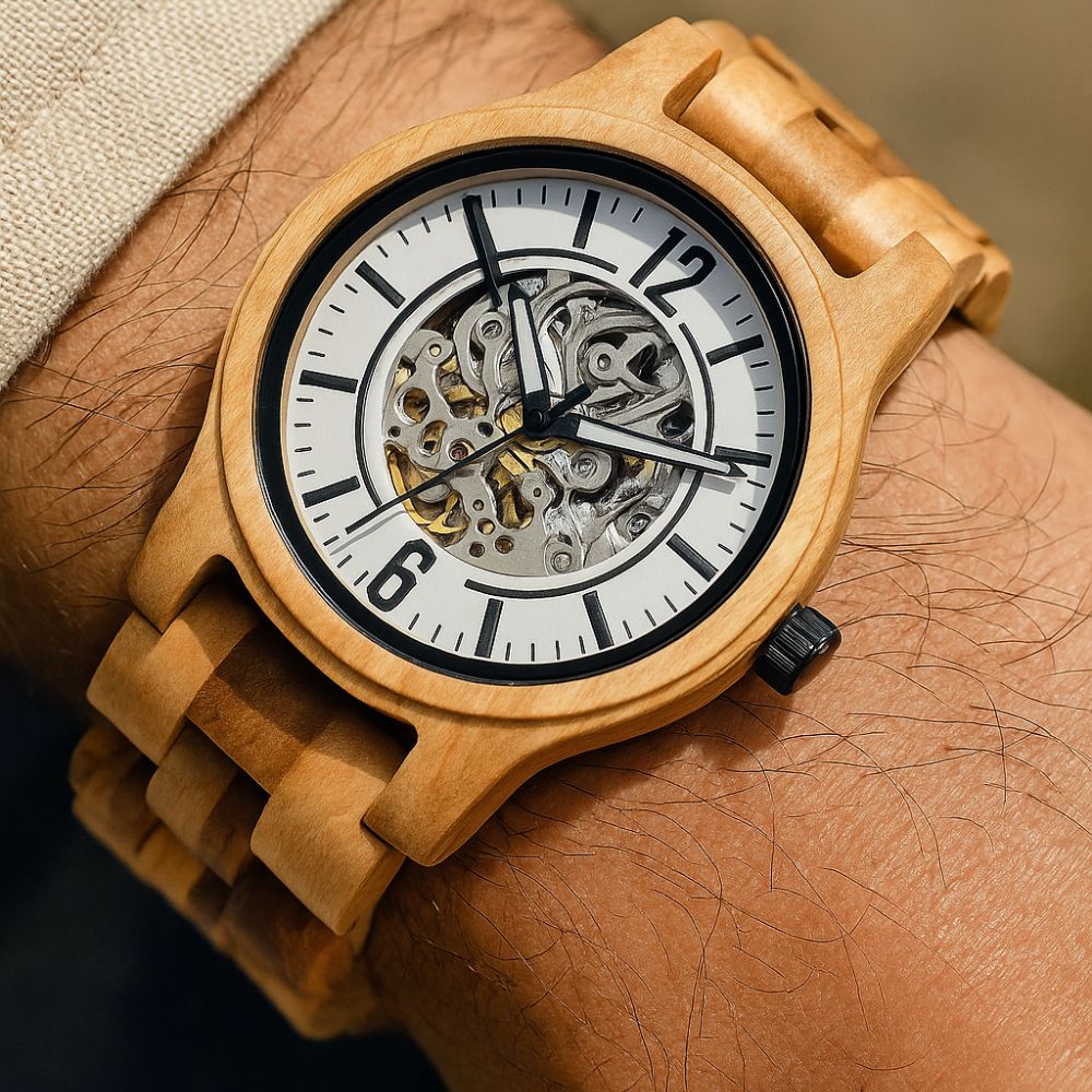 une montre en bois portée au poignet