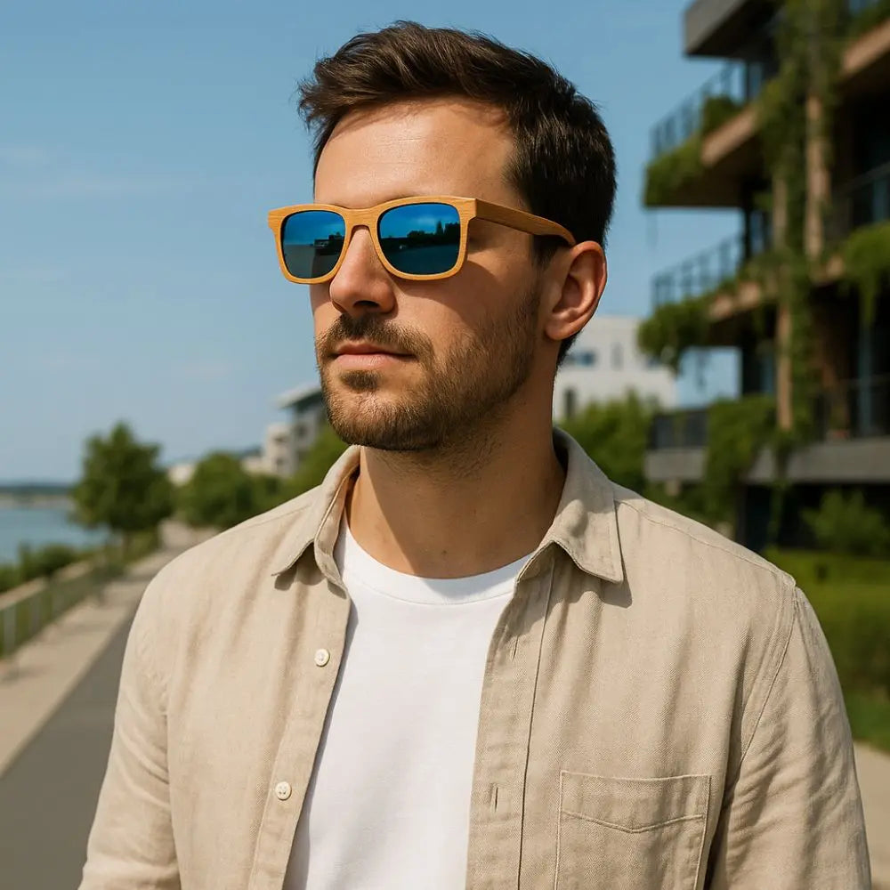 un homme portant des lunettes de soleil bois dans une ville