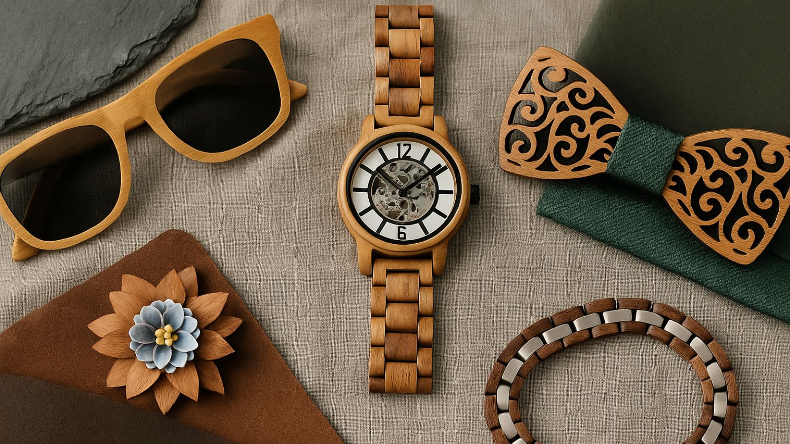 une image montrant une paire de lunette de soleil une montre, un bracelet et un noeud papillon en bois