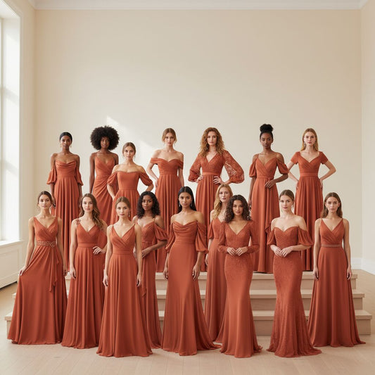 Découvrez 30 styles élégants pour porter une robe terracotta lors d'un mariage et être une invitée irrésistible.