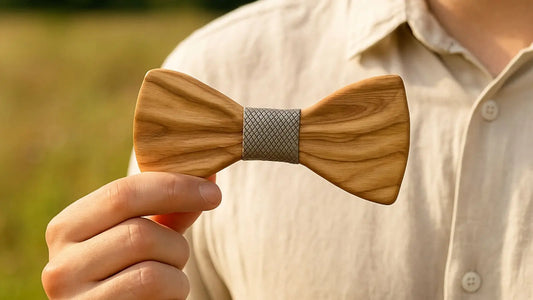 un homme tenant dans sa main un noeud papillon bois avec un tissu gris clair