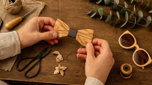 un homme confectionnant un noeud papillon bois