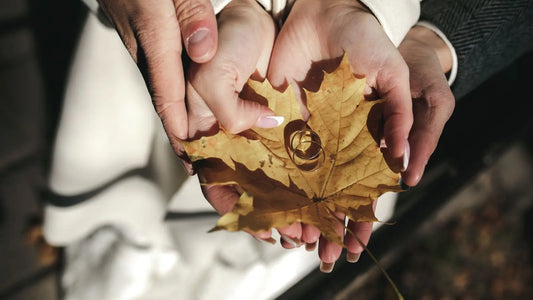 un couple tenant dans ses mains une feuille d'érable dans laquelle se trouve deux alliances
