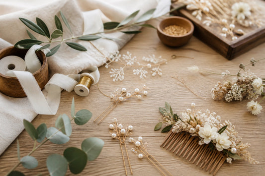 Accessoires de coiffure DIY pour la mariée : peigne fleuri, épingles perlées et headband posés sur un plateau en bois clair
