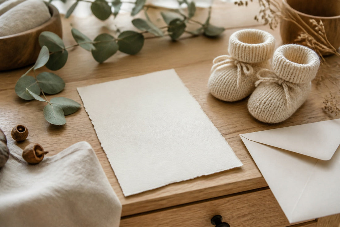 Annonce de grossesse : test de grossesse et petits chaussons posés sur une table en bois clair, lumière naturelle douce