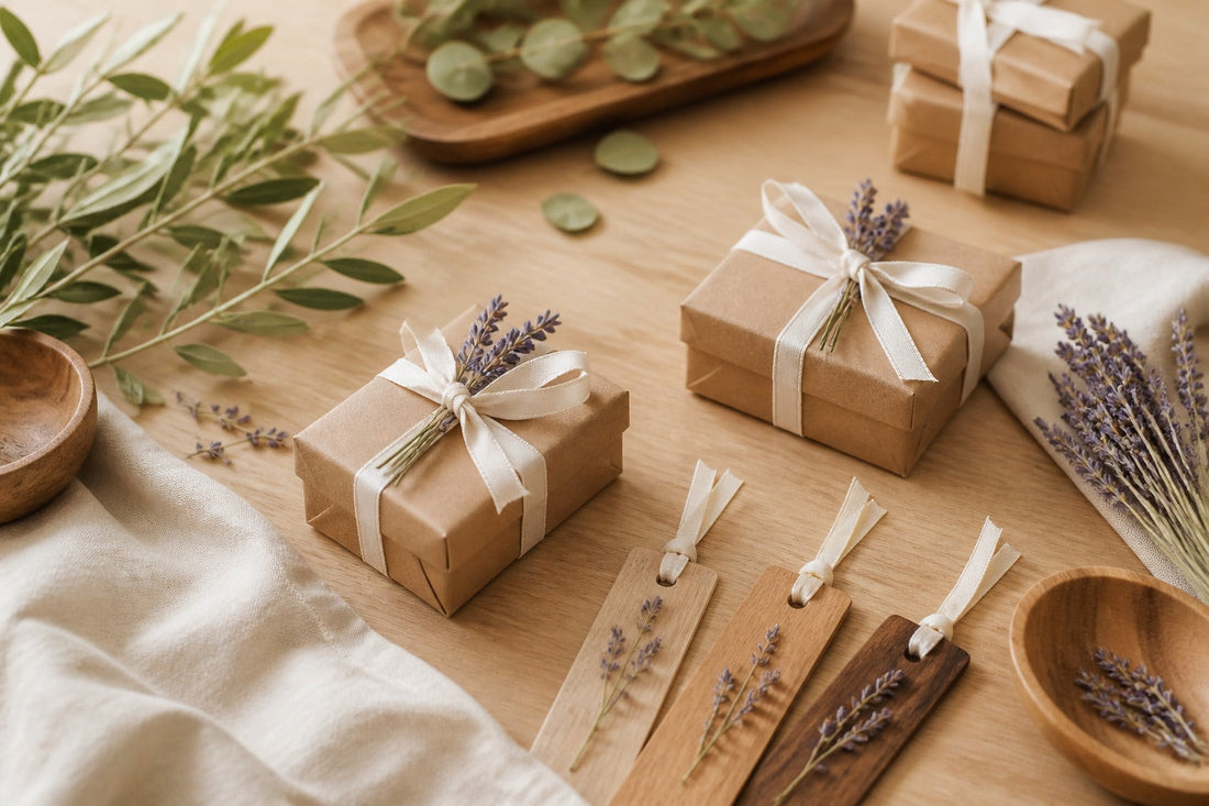 Table de mariage en bois clair présentant des cadeaux invités personnalisés dans des sachets en lin, sous une lumière naturelle chaude
