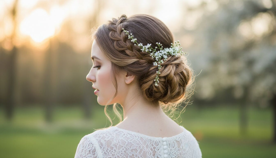 Coiffure de mariée réalisée en DIY, chignon bas texturé pour un mariage élégant