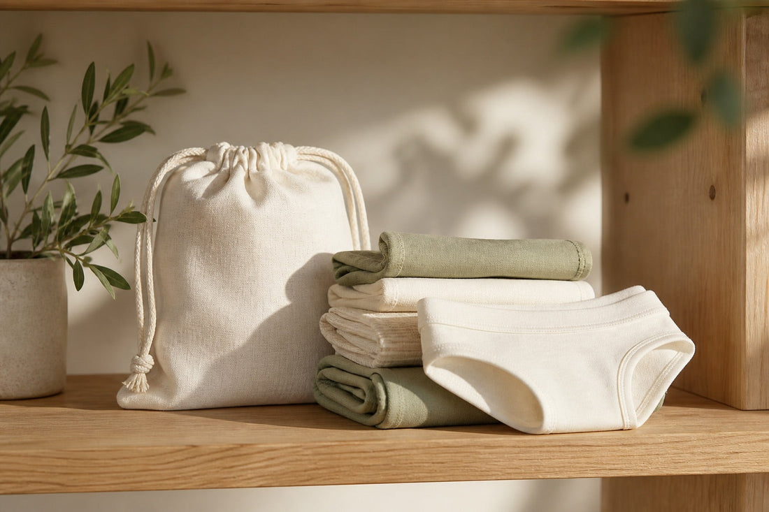 Culottes menstruelles en coton bio pliées sur un plan en bois clair dans une salle de bain lumineuse