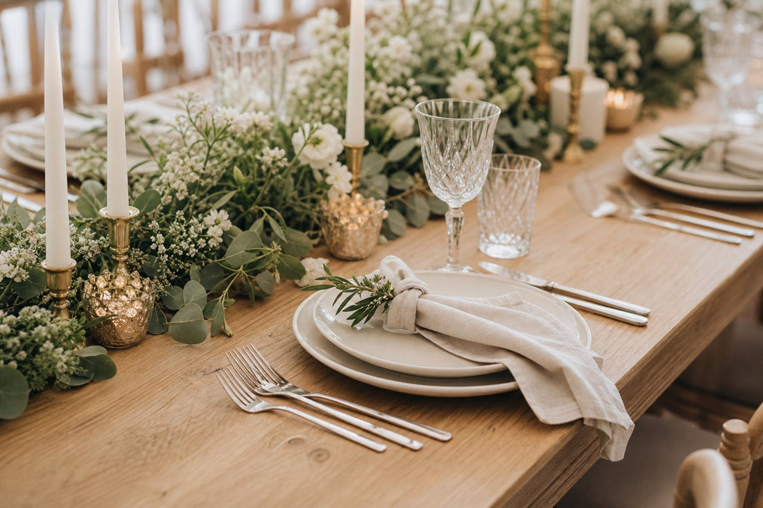 Table de mariage élégamment dressée avec bougies, verdure et vaisselle raffinée