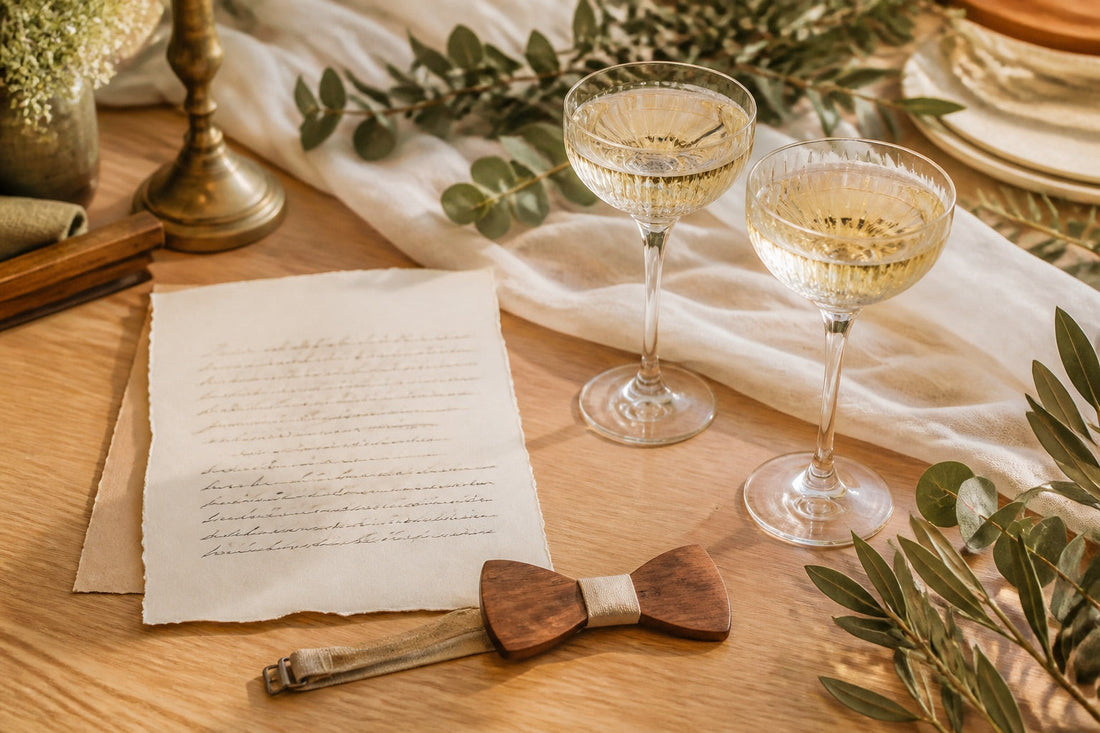Discours de mariage manuscrit posé sur une table en bois clair avec deux coupes de champagne, un nœud papillon en bois et de l'eucalyptus