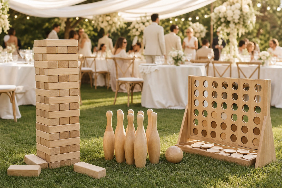 Jeux en bois de plein air lors d’une réception de mariage dans un jardin ensoleillé