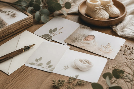 Faire-part de naissance disposés sur une table en bois clair avec chaussons tricotés, feuillage d'eucalyptus et stylo plume pour écrire un message d'annonce de bébé