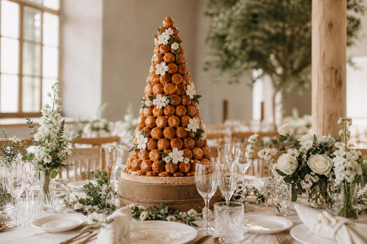 Pièce montée de mariage élégante dressée sur une table de réception en bois