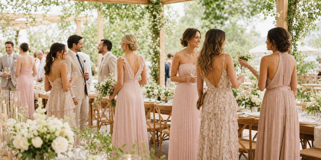 Invitées et demoiselles d’honneur en robes pastel coordonnées à une réception