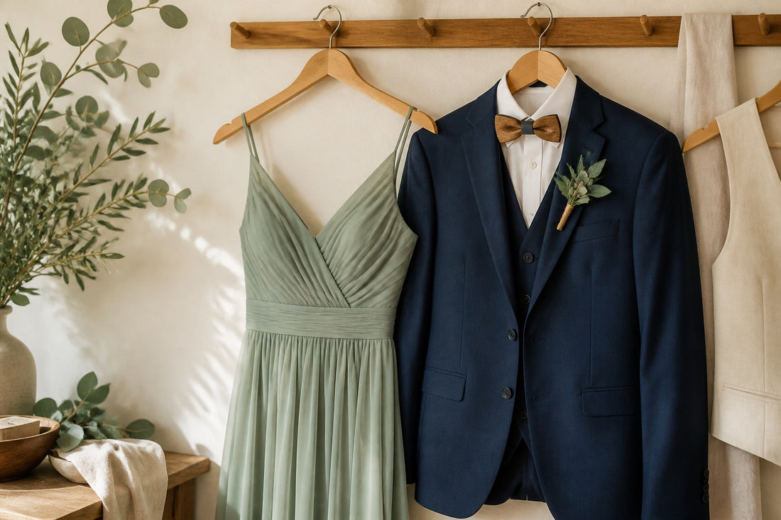 Tenue élégante de témoin de mariage : robe fluide et costume clair coordonnés dans une lumière naturelle chaude