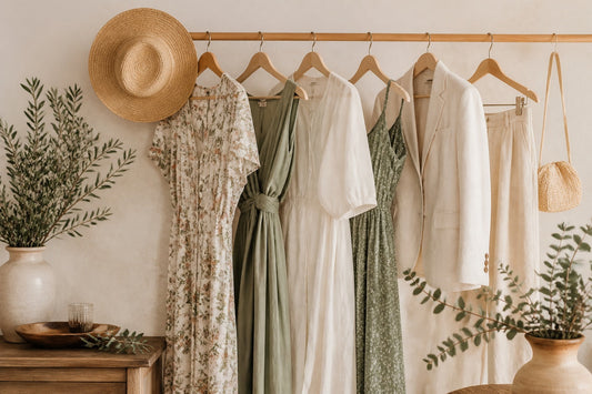 Invitée de mariage élégante en robe fleurie dans un jardin, tenue d'invitée chic en lumière naturelle