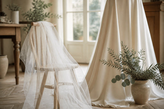 Voile de mariée en tulle ivoire posé sur une chaise en chêne clair à côté d'une robe de mariée crème