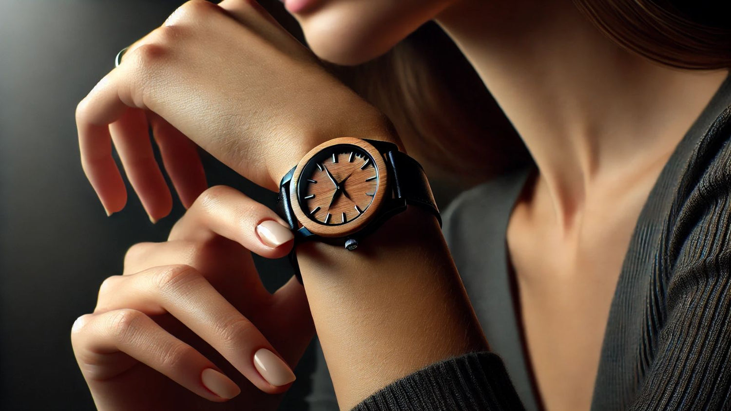 image d'une femme portant une montre bracelet cuir et cadran bois