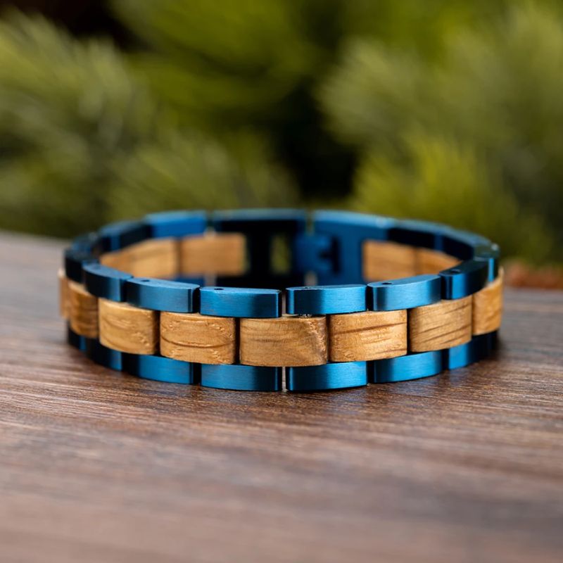 Bracelet en bois - Couleur bois et bleu