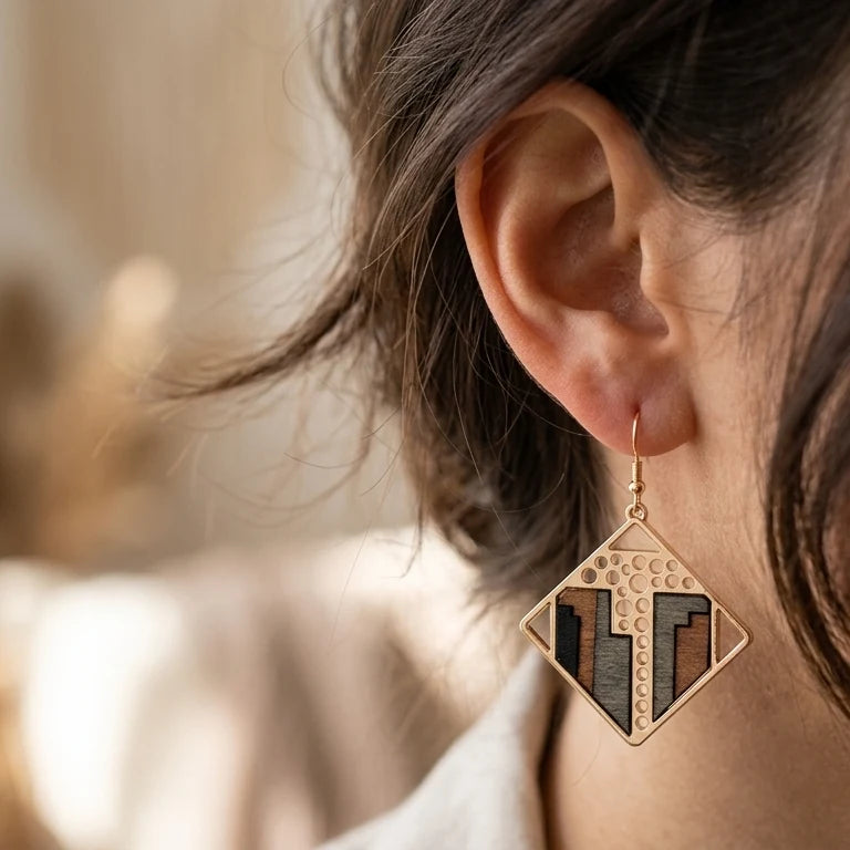 Boucle d'oreille en bois Femme Aurore — portée gros plan