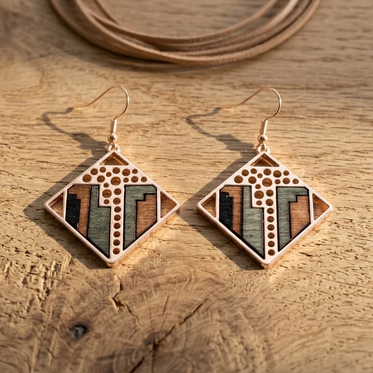 Boucle d'oreille en bois Femme Aurore — sur surface en bois