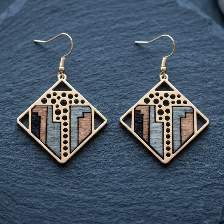Boucle d'oreille en bois Femme Aurore — sur surface en pierre
