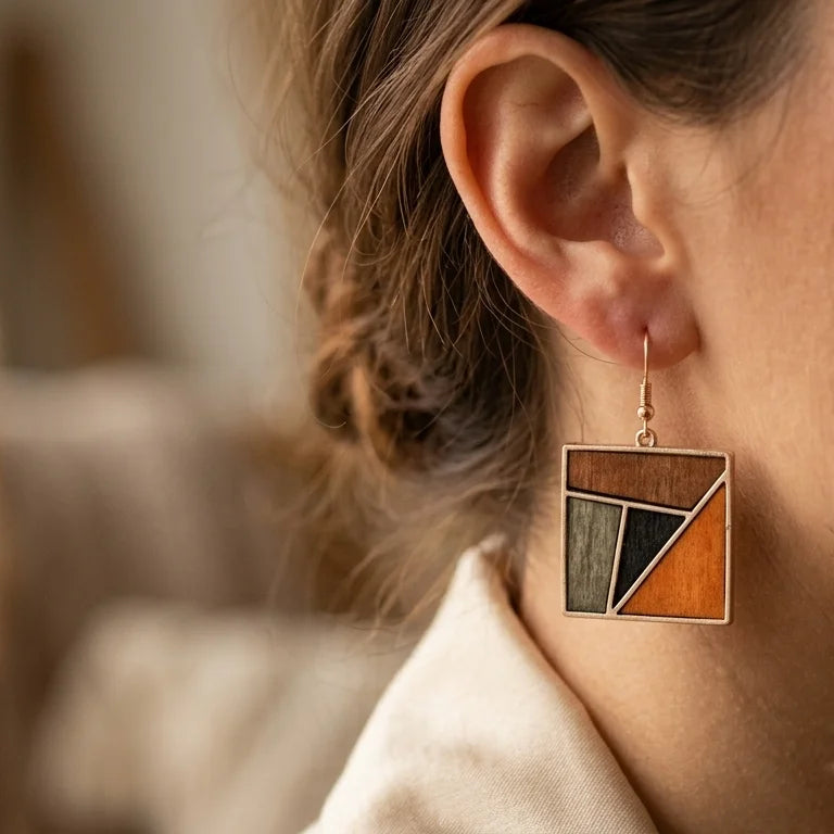 Boucle d'oreille en bois femme Brume portée gros plan