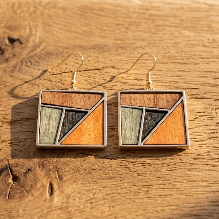 Boucle d'oreille en bois femme Brume posée sur surface en bois