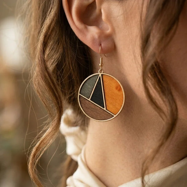Boucle d'oreille en bois femme Cascade portée gros plan