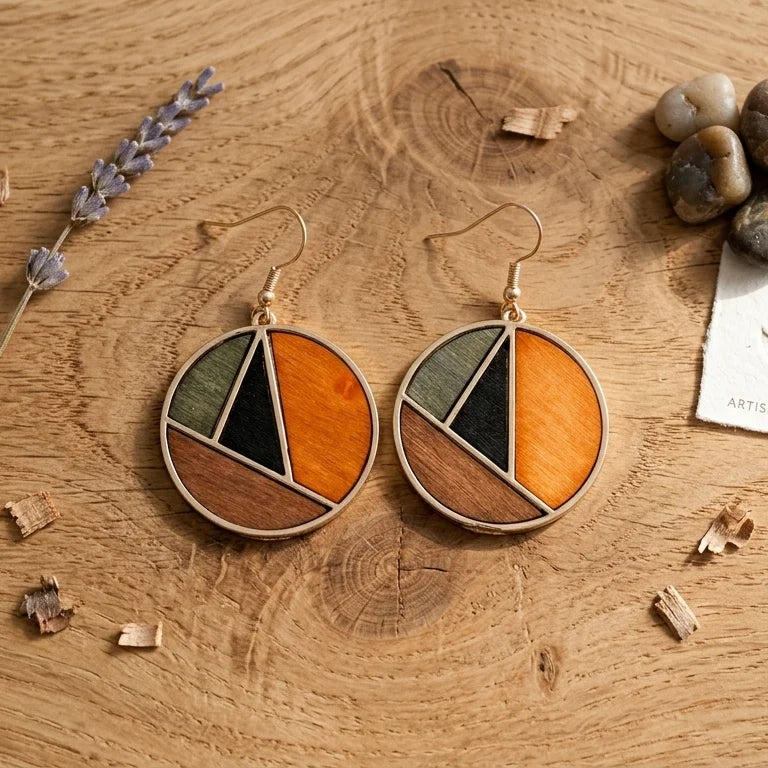 Boucle d'oreille en bois femme Cascade posée sur surface en bois