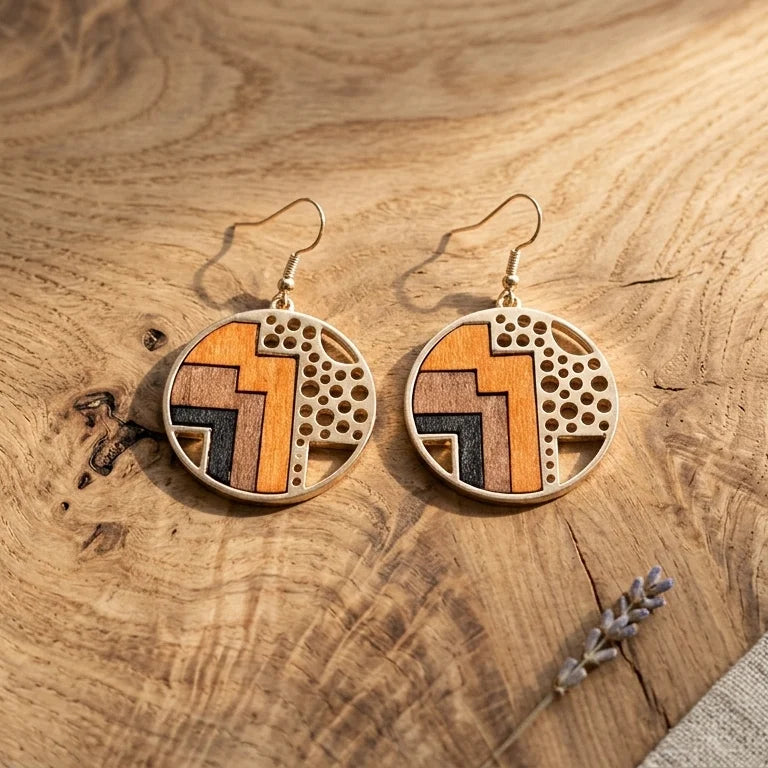 Boucle d'oreille en bois femme Écorce posée sur surface en bois