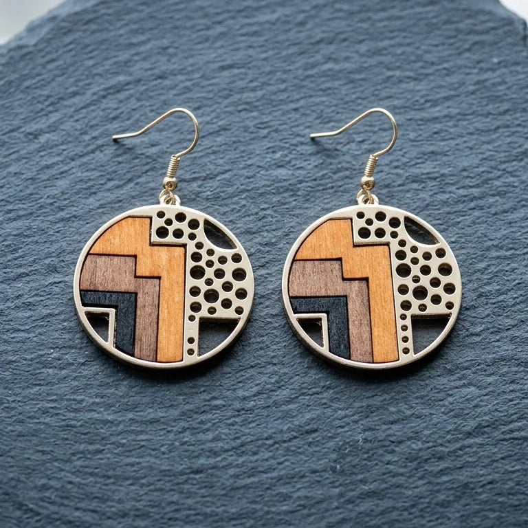 Boucle d'oreille en bois femme Écorce posée sur surface en pierre