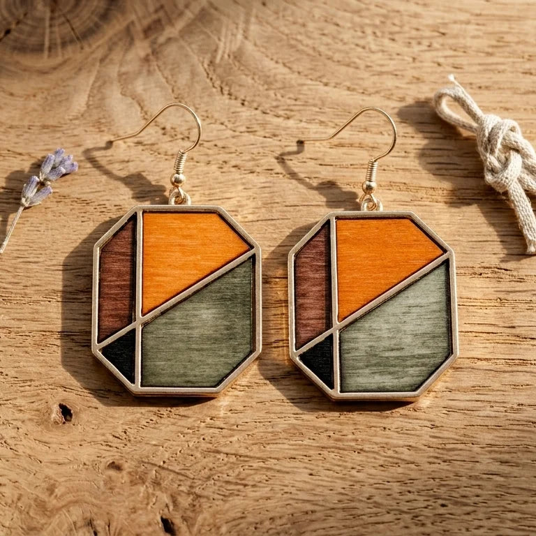 Boucle d'oreille en bois femme Lune posée sur surface en bois