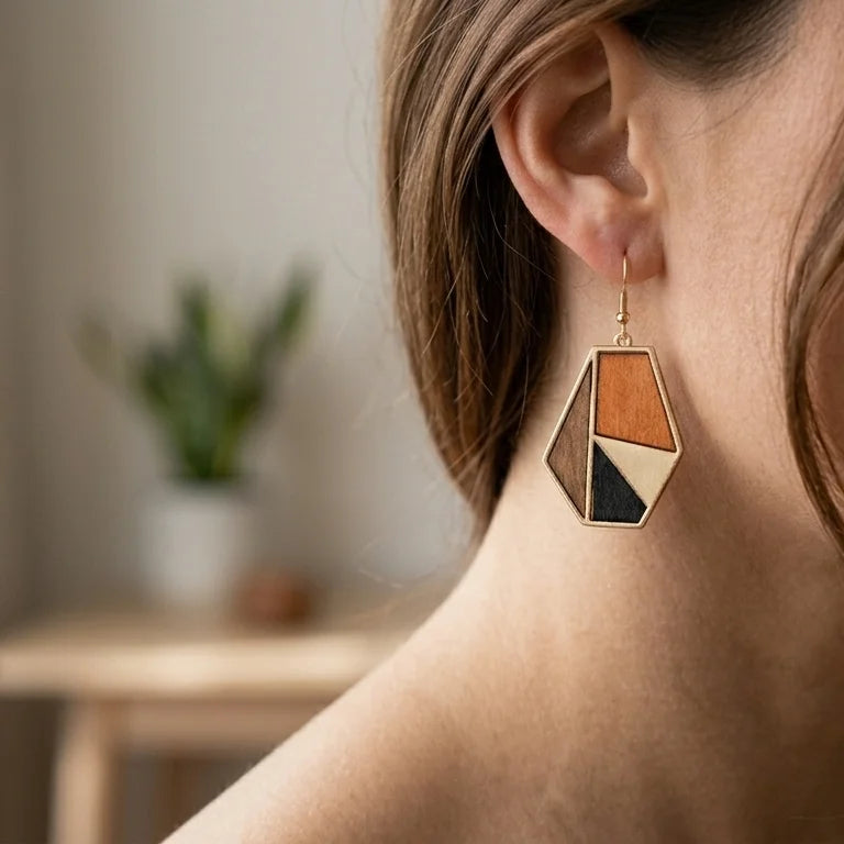 Boucle d'oreille en bois femme Pétale portée gros plan