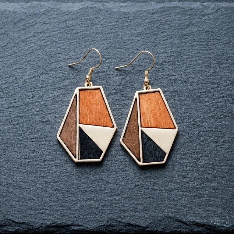 Boucle d'oreille en bois femme Pétale posée sur surface en pierre