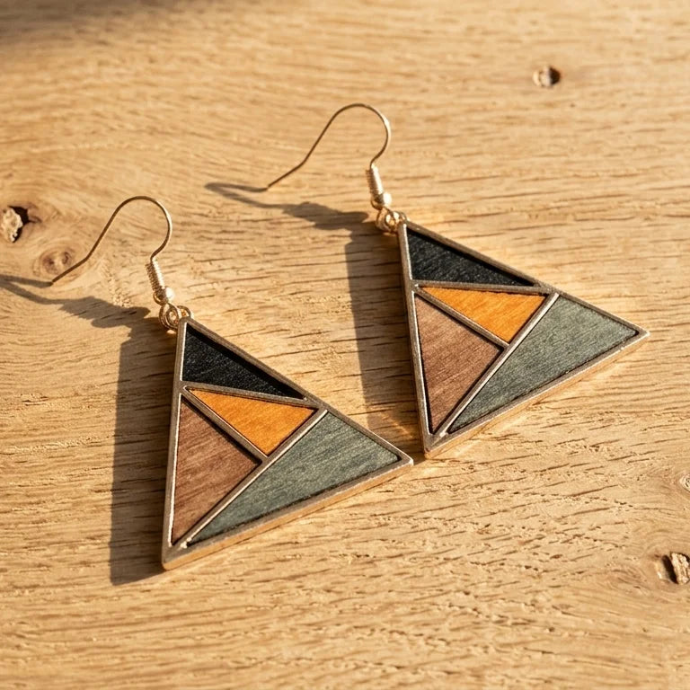 Boucle d'oreille en bois femme Solstice posée sur surface en bois