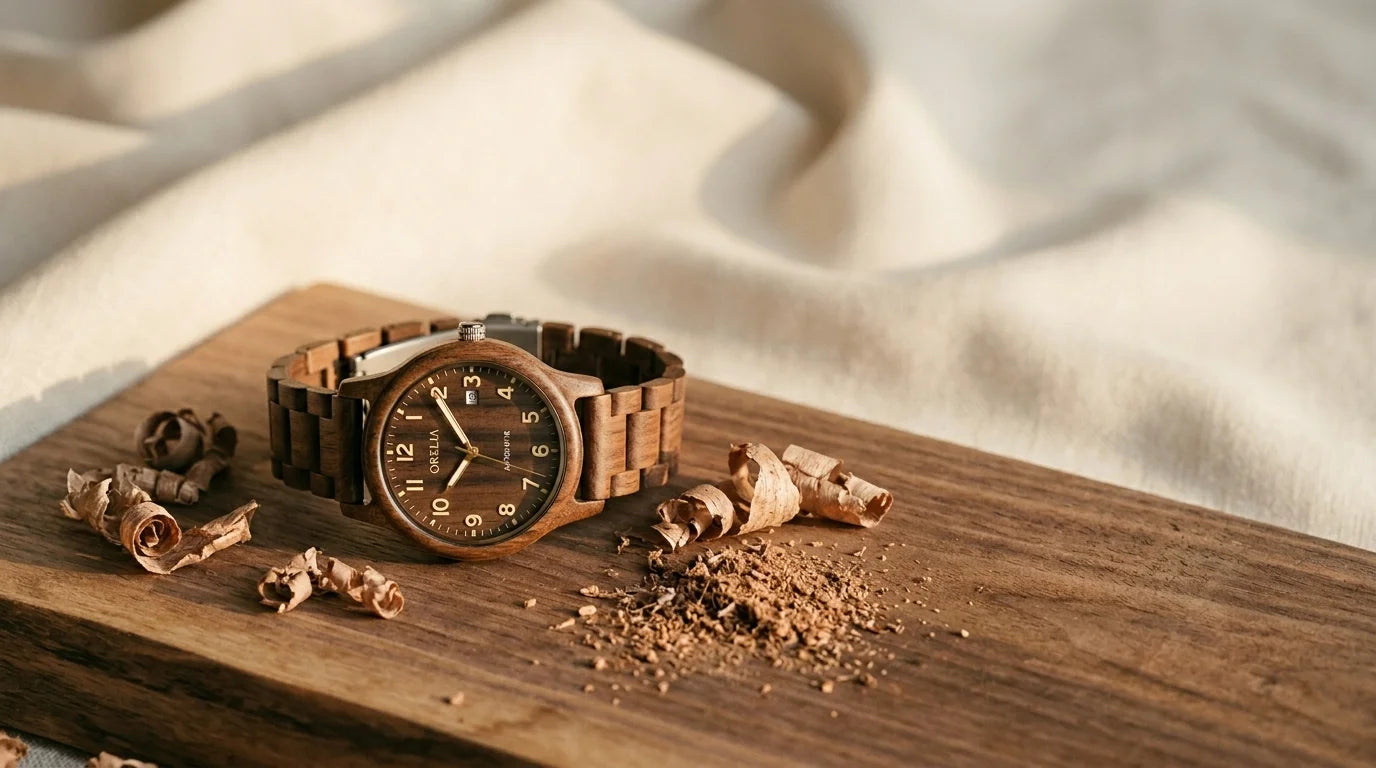 Montre en bois posée sur une planche de noyer — matière noble, lumière naturelle
